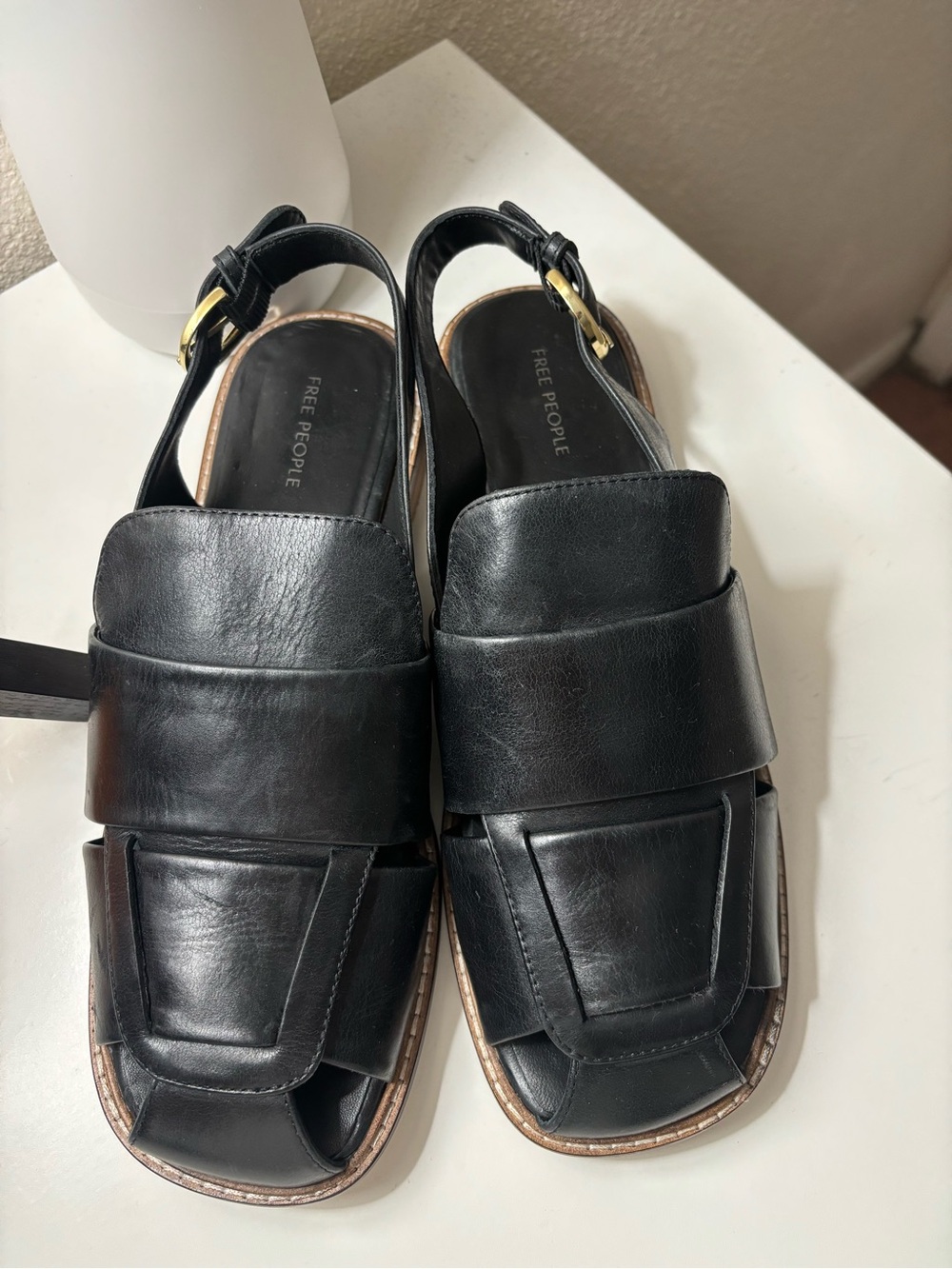 Free People Black Leather Slingback Platform Sandals with Gold Buckle NWOT